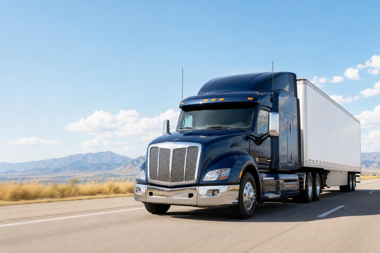 Navy semi-truck pulling a 53-foot dry van trailer on a sunlit open highway